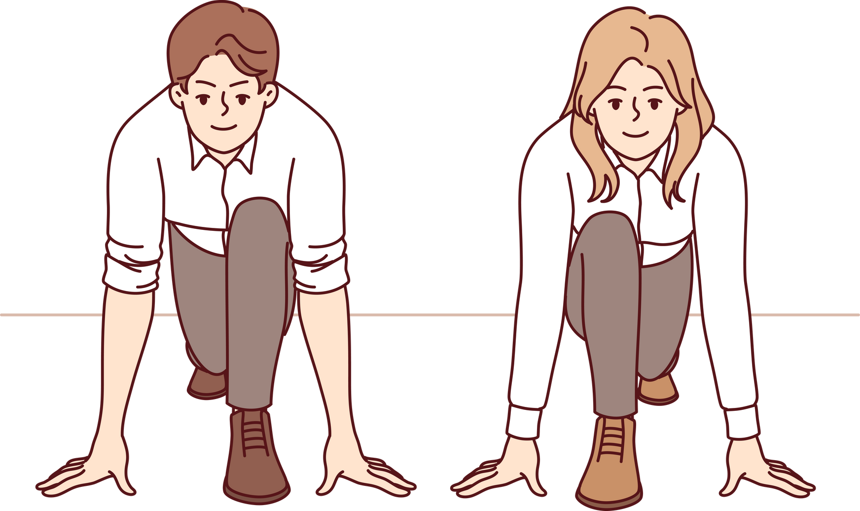 Business people stand in pose of runners and prepare for start, as metaphor for competition of colleagues. Business competition man and woman, who starting to fight for vacant position in company