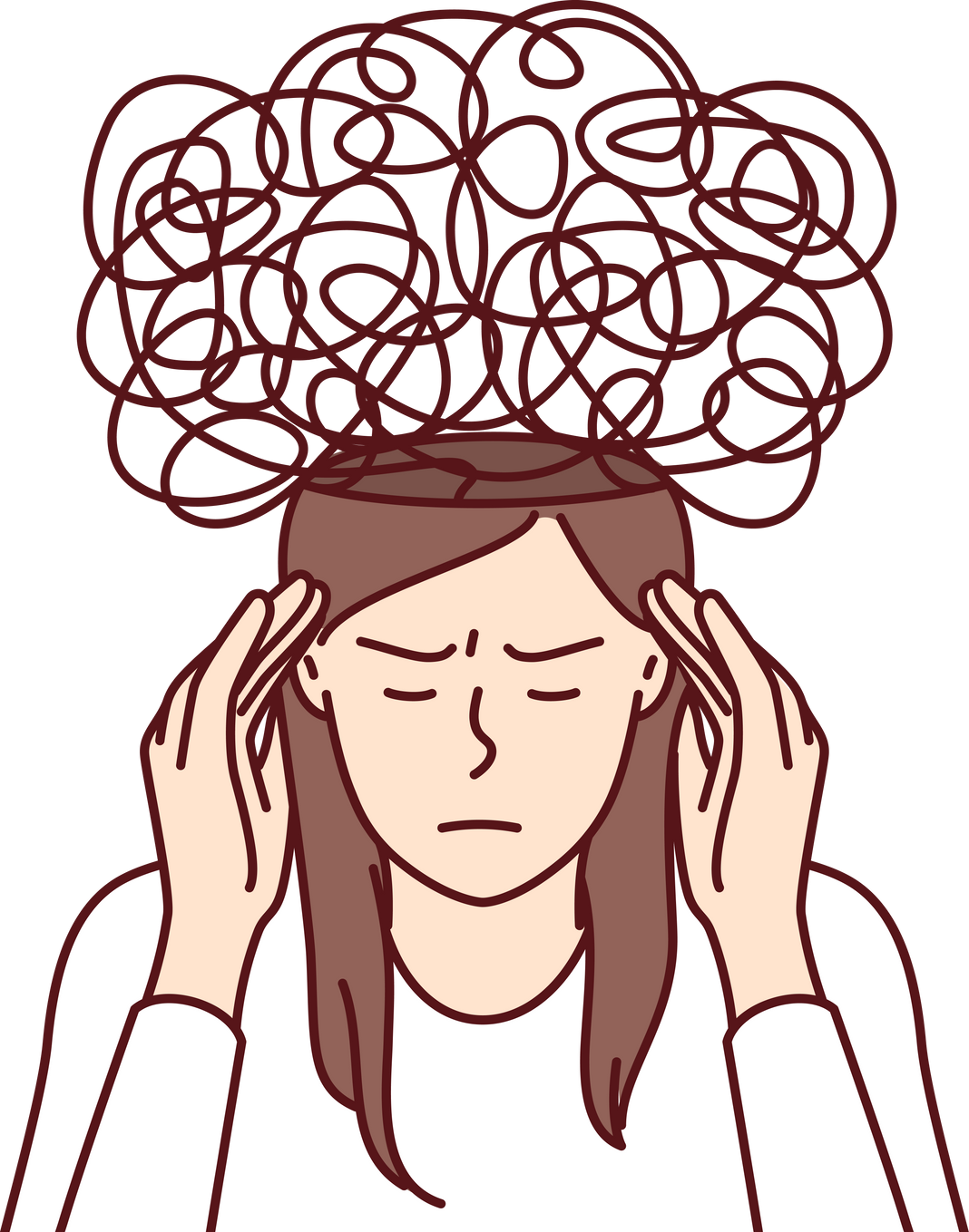 Thoughtful woman with chaos in mind, massages temples and tries to solve mental problems